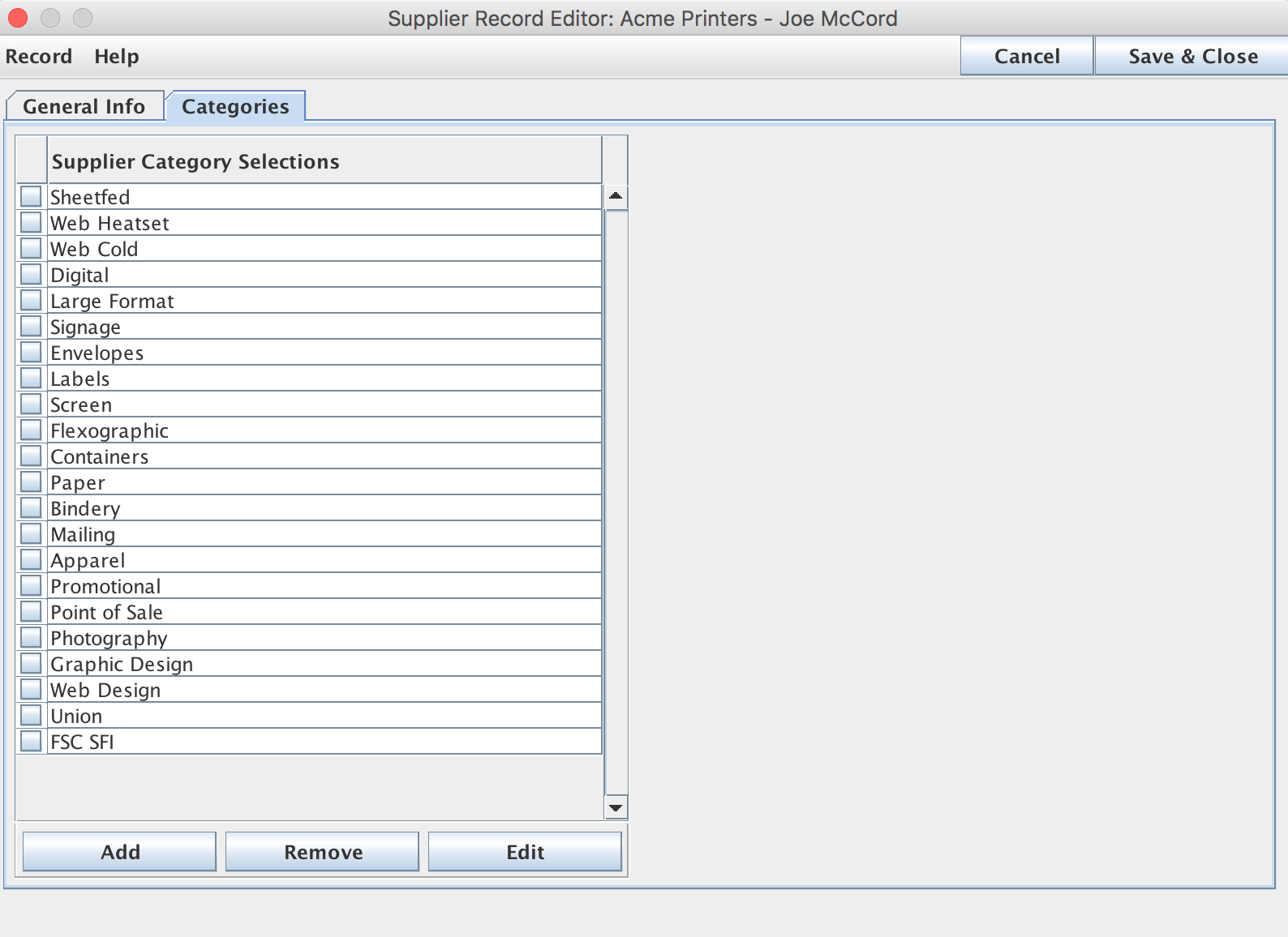 Categories Tab on the Supplier Record Editor