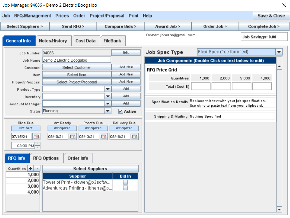 Job Master screen showing multiple versions and cost breakouts for an RFQ