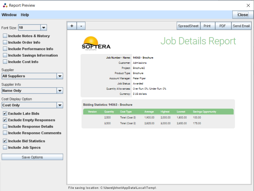 Job Bidding Report Configuration