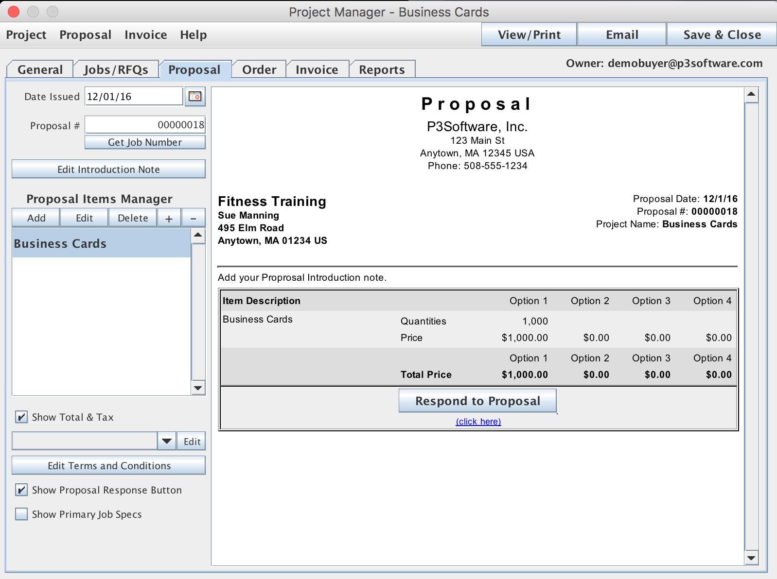 Proposal Tab within the Project Manager