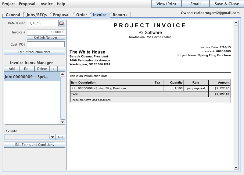 The Invoice tab of the Project Manager