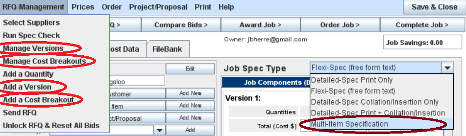 Advanced Pricing options shown from the Job menu on the Job Master window