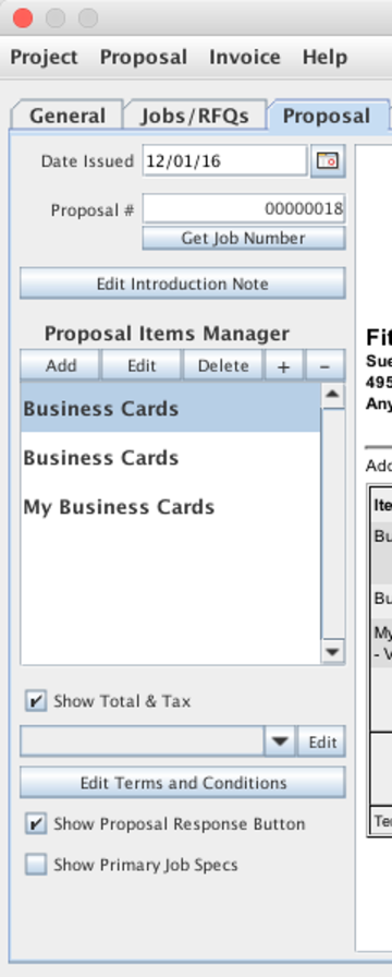 Proposal Controls shown on the Project Manager window