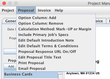 Proposal Menu Items shown on the Project Manager window