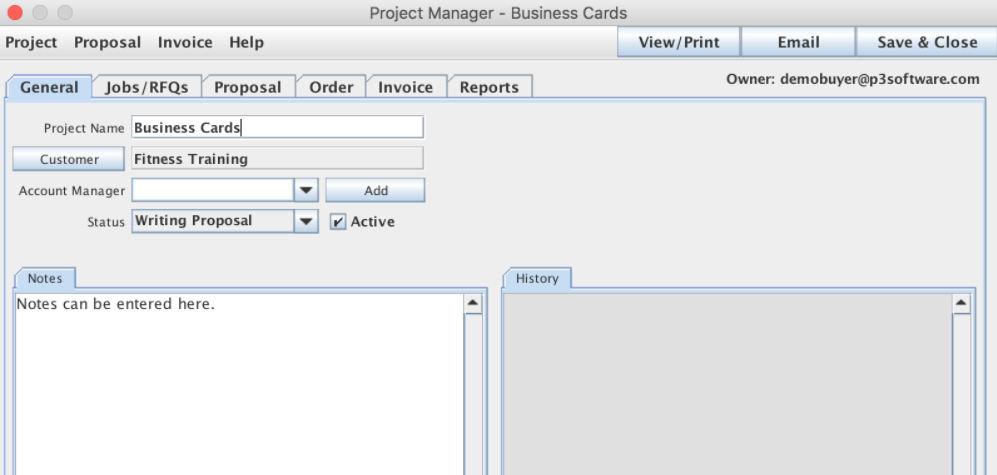 Project Manager window shown from the Job List panel / Job Master window / Proposal menu