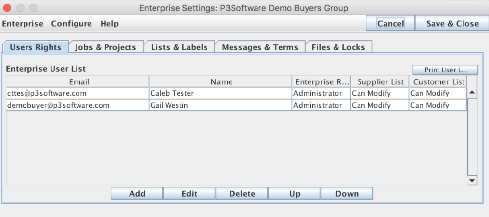 Enterprise User List shown on the My Settings window
