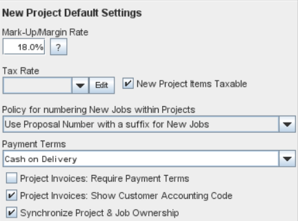 New Job Default Settings panel in the Jobs and Projects Tab of the Enterprise Settings Window
