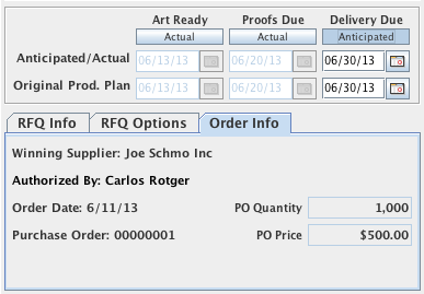 The dates section and Order Info tab of the Job Master Window after the job is set to Ordered