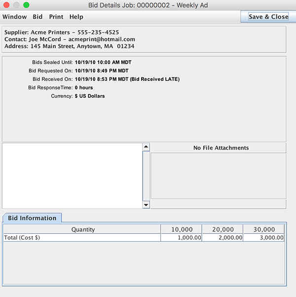 Bid Details window from the Job Master window / Compare Bids / Details