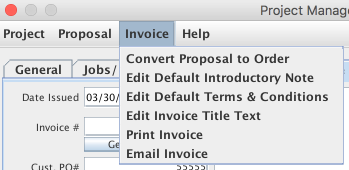 Invoice menu items shown from the Job Master window / Proposal menu / Project Manager window