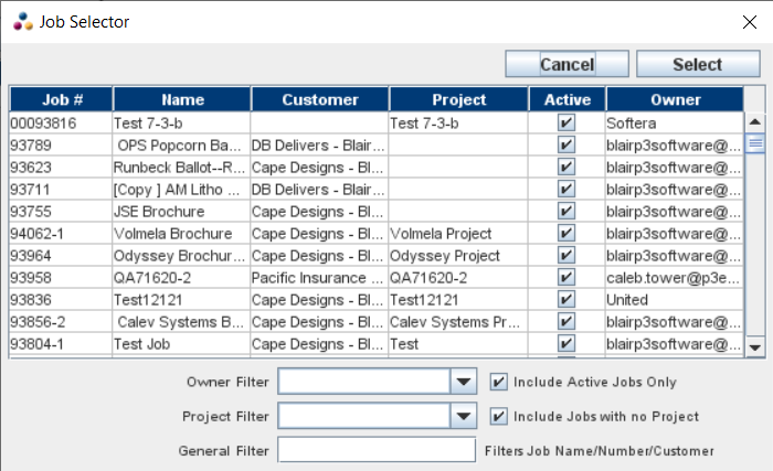 Job Selector Pop-Up window from the Project Manager window / Jobs tab / Add button