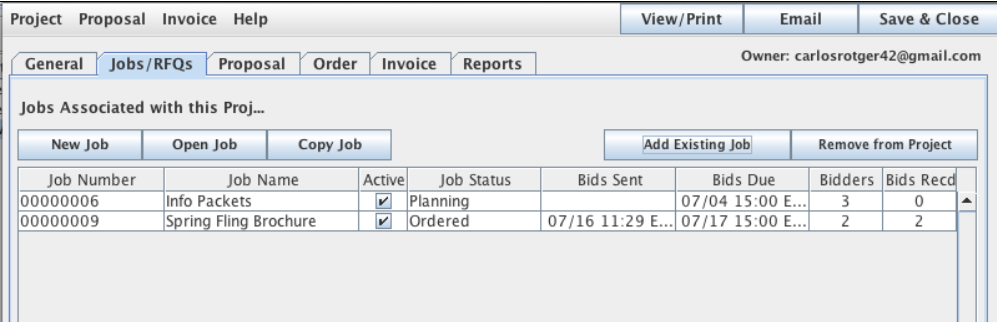 Project Manager showing the Job tab pane