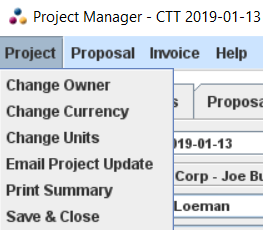 Project Menu items shown in the Project Manager window