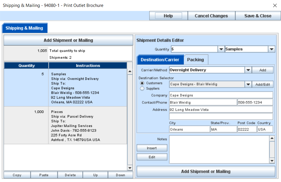 Job Master window showing Shipping and Mailing