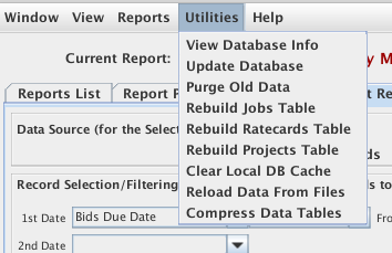 The Database Menu items from the Reporting System menu item in the Reports menu in the Job List window