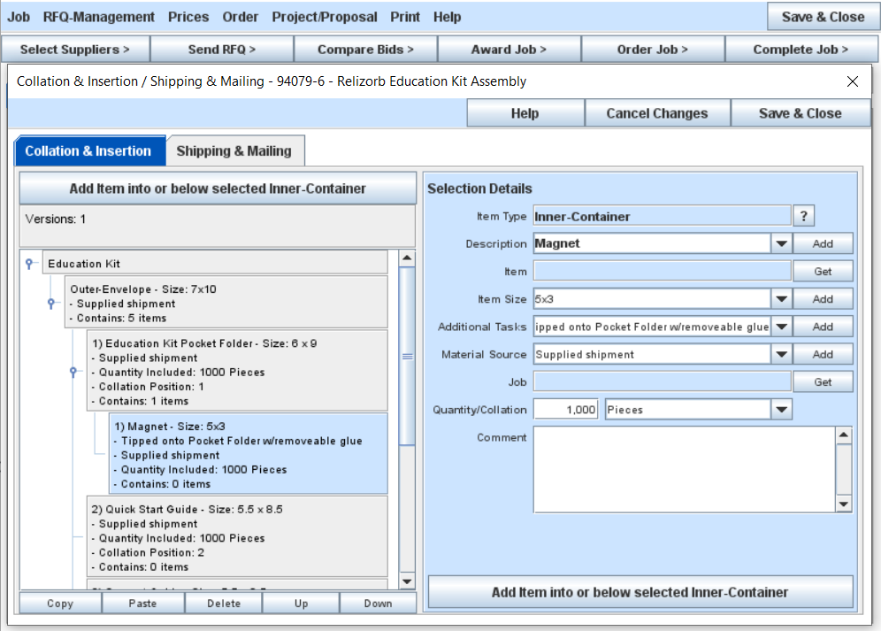 Job Master window showing the Collation & Insertion window with the Personalized Item highlighted