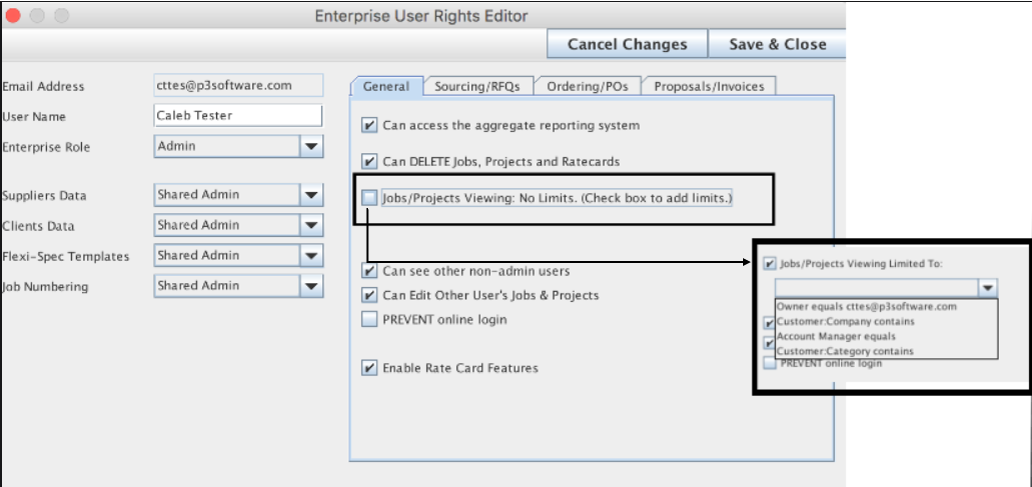 Enterprise User Rights Editor with Jobs/Projects Vewing set as No limits