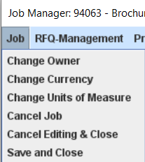 Job menu from the Job Master window