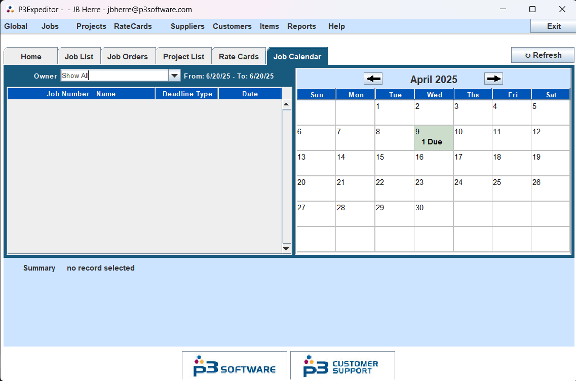 Main Application Window, with the "Job Calendar" window showing