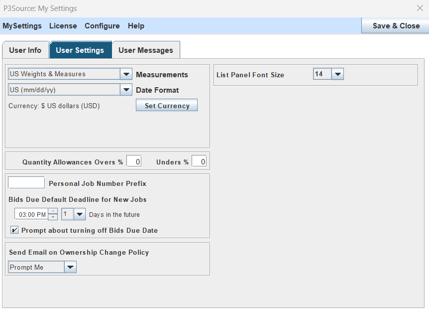 User Settings Tab